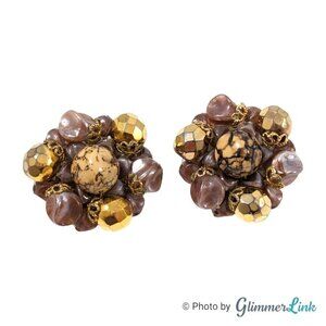 Vintage 50's Western Germany Brown & Gold Tone Beaded Cluster Clip On Earrings